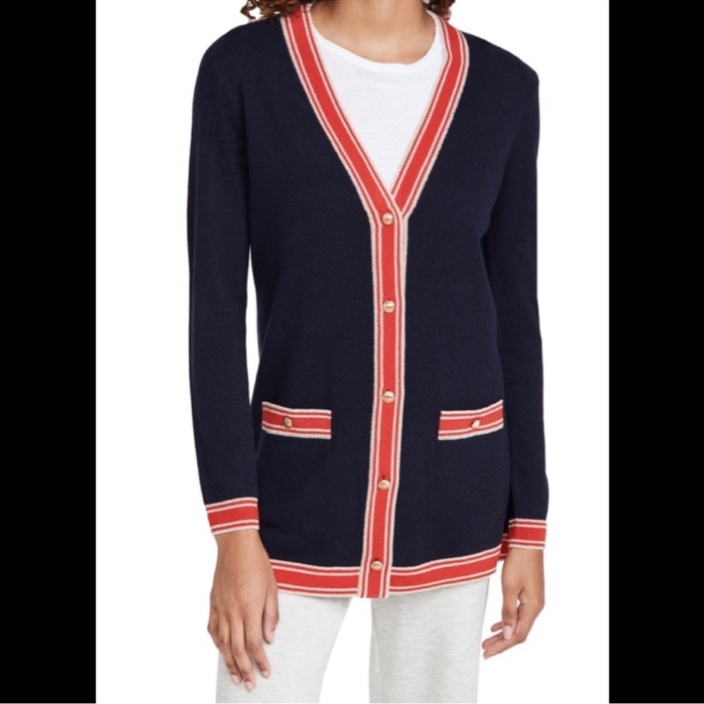 NWT L’Agence Wool Cashmere Ariel Navy Red Gold Cardigan Sparkle Metallic Holiday - Picture 13 of 13